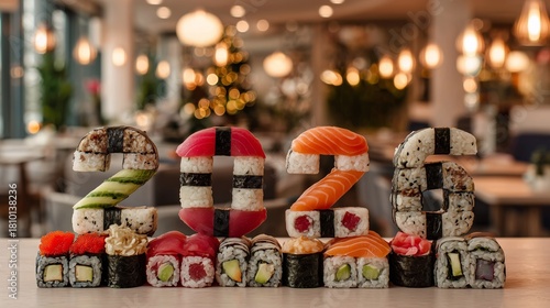 Creative sushi display featuring the year 2026 with colorful rolls in a modern restaurant setting
