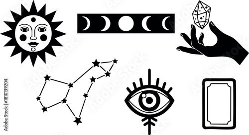 Mystical astrology symbols sun moon phases constellation eye hand crystal tarot card vector illustration
