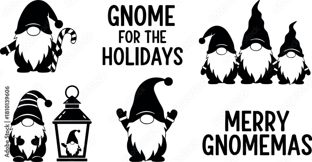 Obraz premium Gnome holiday illustrations with santa hats candy cane lantern merry gnomemas festive vector