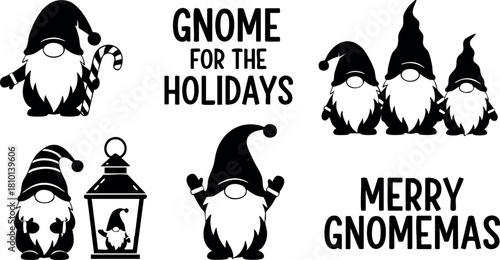 Gnome holiday illustrations with santa hats candy cane lantern merry gnomemas festive vector
