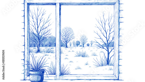Vintage sketch with pen and blue ink of frost on window screen  
