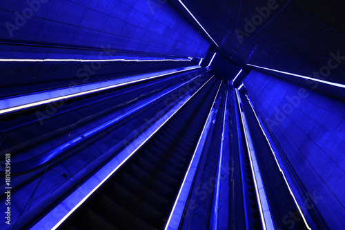Photography A Subway Escalator Lit with Blue LED Lighting