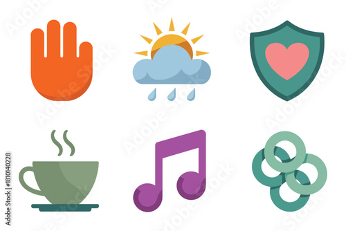 Self care icons set, raised hand symbol, weather partly sunny, heart shield safety, tea cup, music note vector