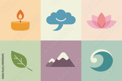 Mindfulness grid icons, candle flame, speech cloud, lotus flower, leaf, mountain peak, ocean wave, soothing palette, vector illustration