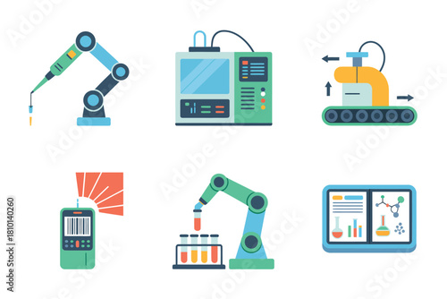 Factory automation workflow, robot arm, controller panel, conveyor with product, laser scanning sensor, calibration meter, analytics screen vector