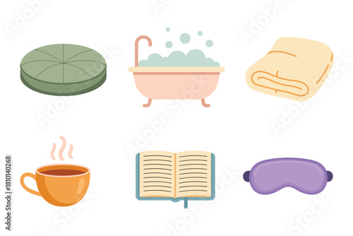 Spa wellness collection, lily pad, bubble bath tub, folded towel, reading book, calming tea cup, soothing vector illustration