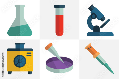 Scientific instruments grid set, conical flask, blood sample tube, microscope, heater unit, petri plate, micropipette, syringe