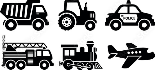 Vehicle icons set with truck tractor police firetruck train and airplane transportation vector illustration