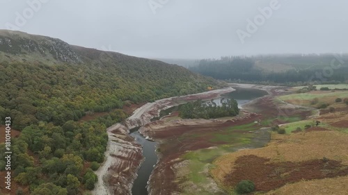 Autumn over Craig Goch Dam from a drone, Elan Valley Reservoirs, Elan Valley, Rhayader, Powys, Wales