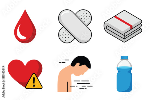 Emergency symptoms set, blood droplet, crossed bandages, folded gauze, caution heart, dizzy man, hydration bottle reminder