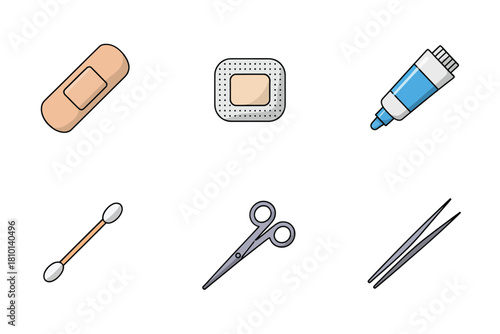 Medical supplies icons set, adhesive plaster strip, gauze dressing, syringe applicator, cotton swab, scissors, tweezers, healthcare vector