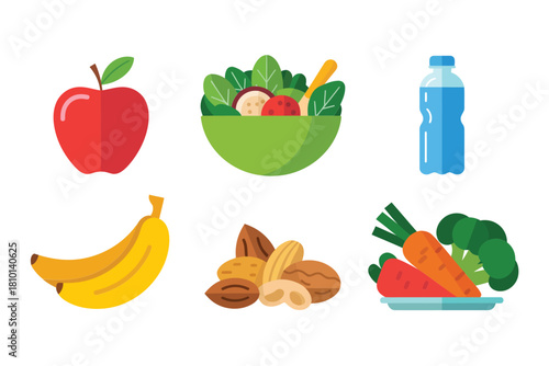 Balanced nutrition icons, apple and banana, salad bowl greens, hydration bottle, nuts and vegetables, wellness food collection vector