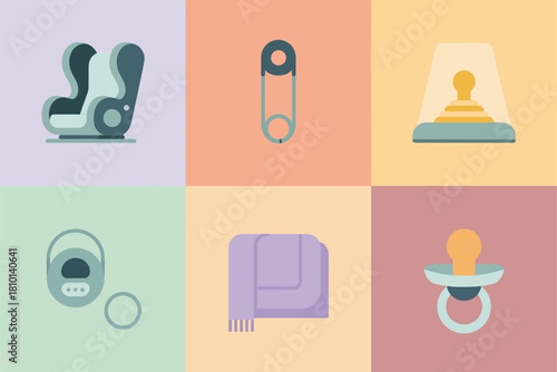Baby essentials icons grid, car seat safety, baby monitor camera, safety latch, swaddle blanket, pacifier, nursery items vector