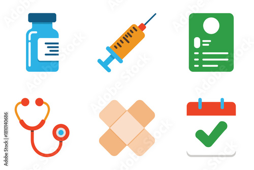 Healthcare appointment icons, prescription bottle, syringe vaccine, id card pass, stethoscope tool, adhesive bandages, monthly calendar vector