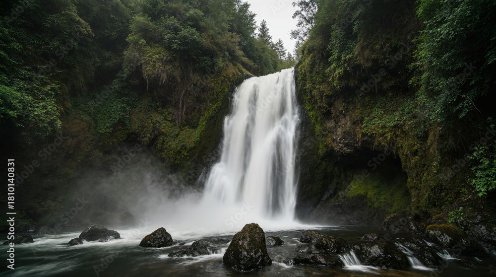 Obraz premium Powerful Waterfall in the Jungle with Long Exposure Effect (Silky Water) and Green Moss
