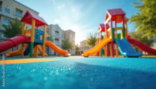 Wallpaper Mural Colorful playground equipment with slides, swings stands in residential courtyard on sunny day. Apartment buildings, green trees form backdrop. Safe rubberized surface ensures child fun, activity. Torontodigital.ca