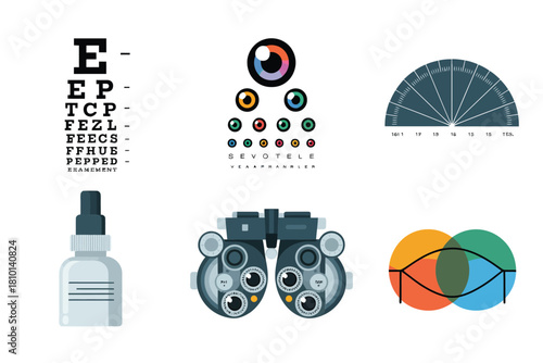 Vision testing equipment icons, snellen chart board, color blindness dots, lens refraction arc, eyedrop bottle, phoropter machine diagrams