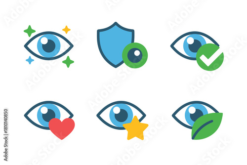 Eye care icons set, vision protection symbols, blue eye graphics, shield checkmark, heart, star, eco leaf, vector illustration