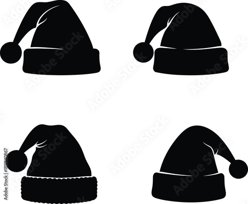 Black silhouette christmas santa hat vector illustration set. four different style festive caps with pom-poms.