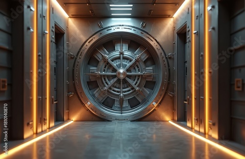 Massive bank vault door dominates secure corridor. Strong metal entrance suggests financial safety, protection. Modern design features glowing lights. Represents valuable assets, wealth management,