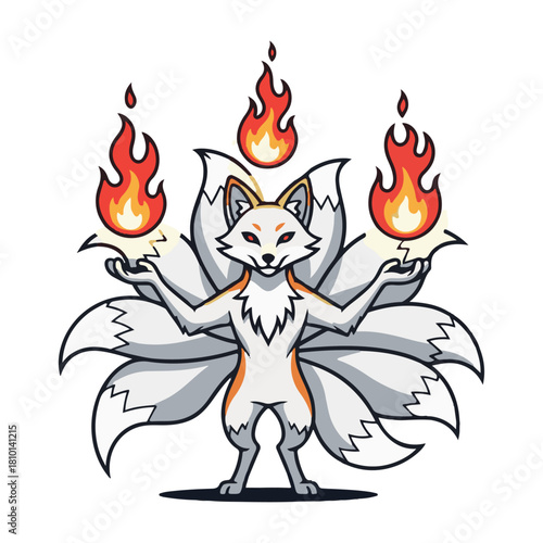Mystical nine tailed fox with vibrant flames, perfect for fantasy games and mythical stories, a symbol of power and magic, ideal for branding and creative projects