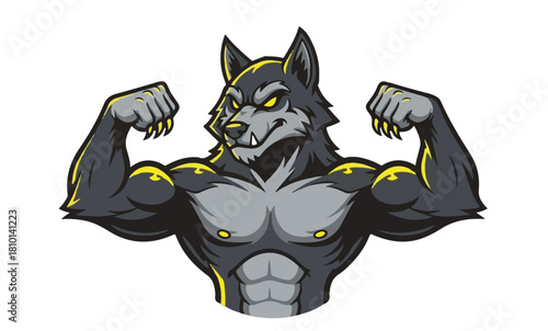 Unleash Your Inner Beast with this Fierce Wolf Mascot Showing Off Biceps, perfect for gaming, sports, or branding that needs a powerful, edgy look