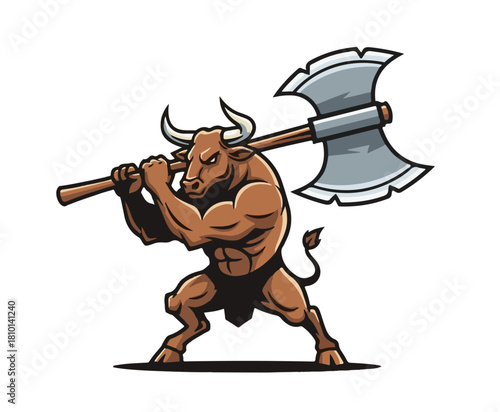 Powerful bull character brandishing an axe, perfect for esports teams or gaming logos, conveying strength and determination, ideal for a mascot or emblem, fierce and imposing