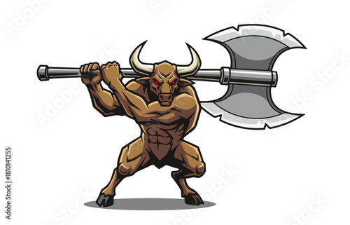 Powerful minotaur warrior brandishing a battle axe with fierce determination, perfect for gaming mascots and fantasy designs, showcasing strength and intimidating power