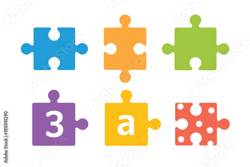 Educational puzzle pieces set, colorful jigsaw parts, number three tile, letter a tile, preschool learning icons, vector graphics