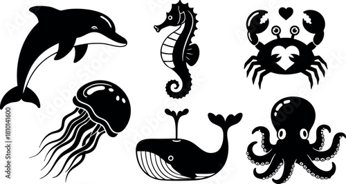 Cute marine animals black silhouette dolphin seahorse crab jellyfish whale octopus vector illustration