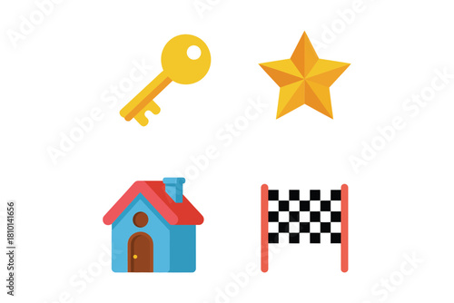 Treasure hunt game icons, golden key, shining star, cozy house, racing finish gate, playful navigation symbols, vector