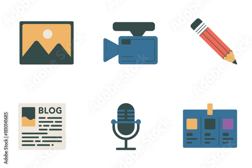 Media production icon pack, image post, filming camera, pencil editor, blog sheet, studio microphone, id card vector