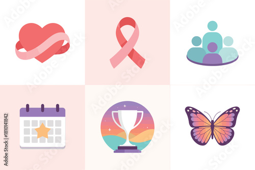 Awareness and support tiles, heart ribbon symbol, pink ribbon, community group, event calendar, achievement cup, butterfly hope vector