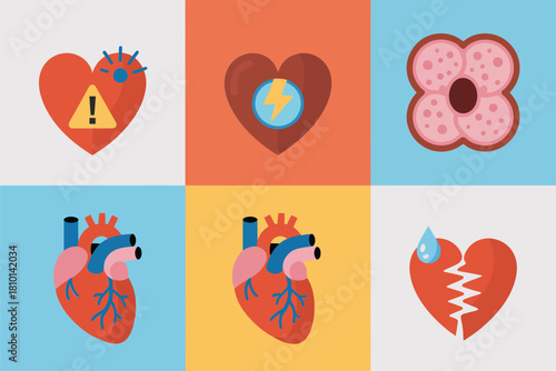 Colorful heart health tiles, grid icons, hazard symbol, energy bolt, tissue cells, cold compress, stitched tear, medical vector