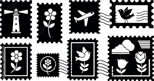 Black postal stamps with flowers birds airplane and lighthouse vector illustration