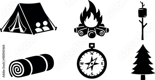 Camping tent campfire compass sleeping bag pine tree birdhouse outdoor adventure gear vector illustration