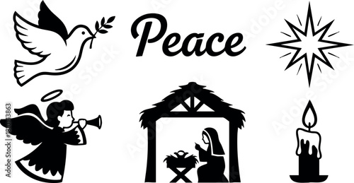 Peace dove olive branch angel trumpet nativity stable baby candle star vector illustration