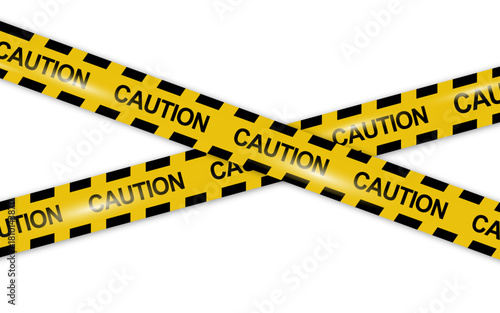 Yellow caution tape with black text and diagonal stripes