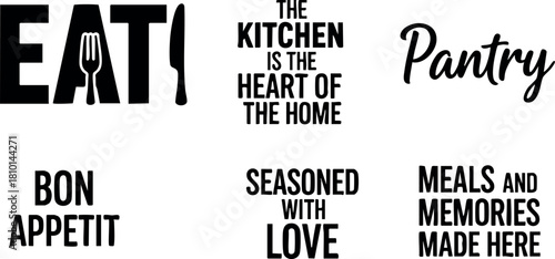 Kitchen wall art typography quotes eat bon appetit seasoned love meals memories pantry home decor vector illustration