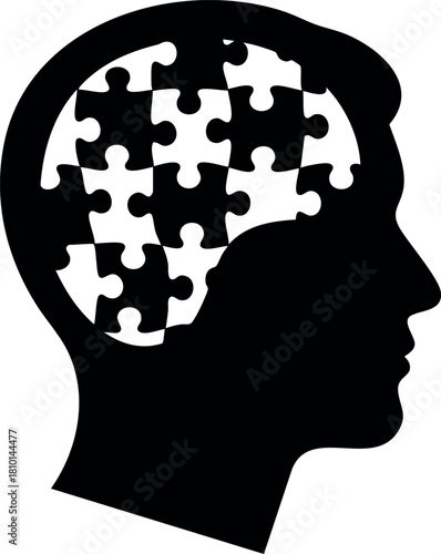 Human head silhouette with puzzle pieces inside brain symbolizing mental health concept vector illustration