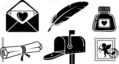Love letter envelope feather ink bottle scroll mailbox stamp cupid vector illustration