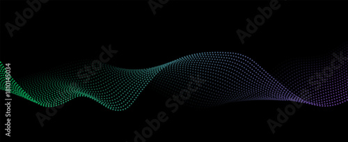 Flowing dots particles wave pattern green and purple isolated on black, background. Vector in concept of technology, science, music, modern.