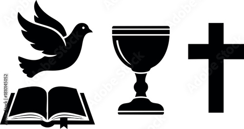 Christian symbols dove bible chalice cross vector illustration religious icons black silhouette