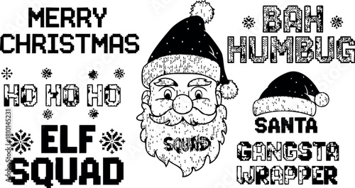 Santa claus face with christmas text ho ho ho elf squad bah humbug gangsta rapper santa hat vector illustration