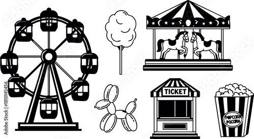 Amusement park carnival ferris wheel carousel ticket popcorn balloon animal vector illustration
