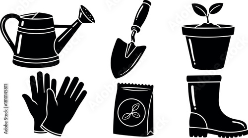 Gardening tools watering can gloves trowel flowerpot seed packet rubber boot vector illustration