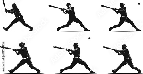 baseball, swing, silhouette, athlete, bat, motion, sports, action, training, technique, dynamic, player, hitting, pose, impact, ball, sequence, black, isolated, illustration