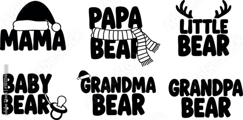 Family bear titles with winter hats and scarf cute cartoon style for parents children and grandparents vector illustration