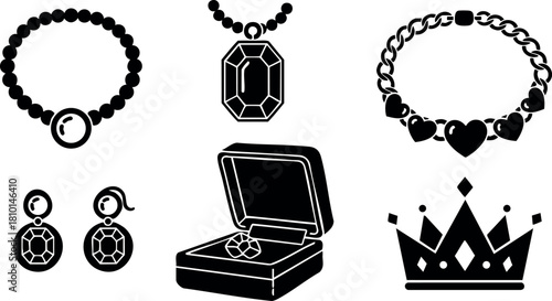 Black silhouette jewelry vector set with bracelet necklace earrings ring crown luxury accessories collection