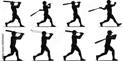 baseball, swing, silhouette, athlete, bat, motion, sports, action, training, technique, dynamic, player, hitting, pose, impact, ball, sequence, black, isolated, illustration